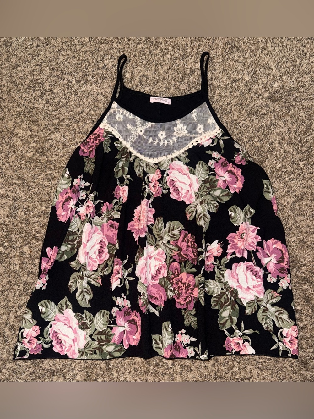 Pink Peony Floral Lace Yoke Tank Top - Black with Pink Roses
